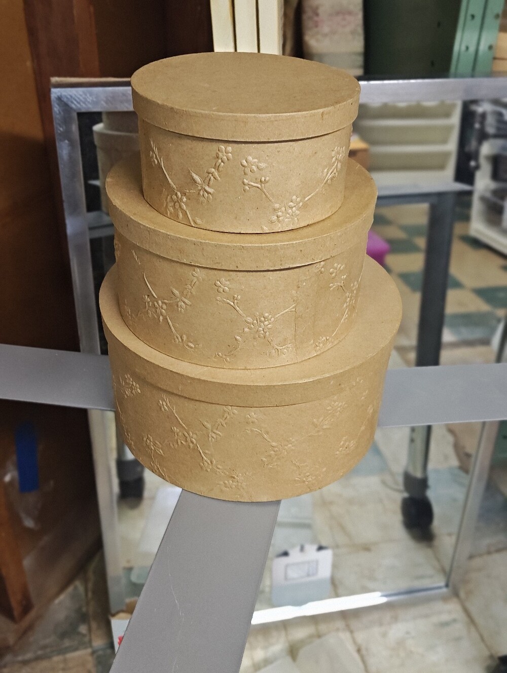 Set of 3 Round Embossed Nesting Gift Boxes - Tan